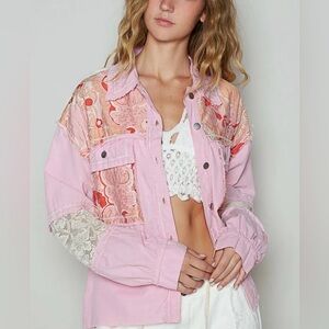 POL Boho Chic Pink Patchwork Lace Trim Jacket